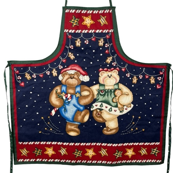 Homemade Vintage Bears “Can Bearly Wait!” Christmas Apron Adult Size - Picture 1 of 6